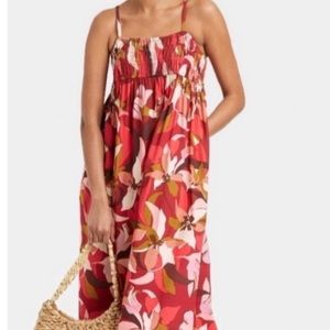 A New Day Spaghetti strap Smocked dress Dark red floral Size L